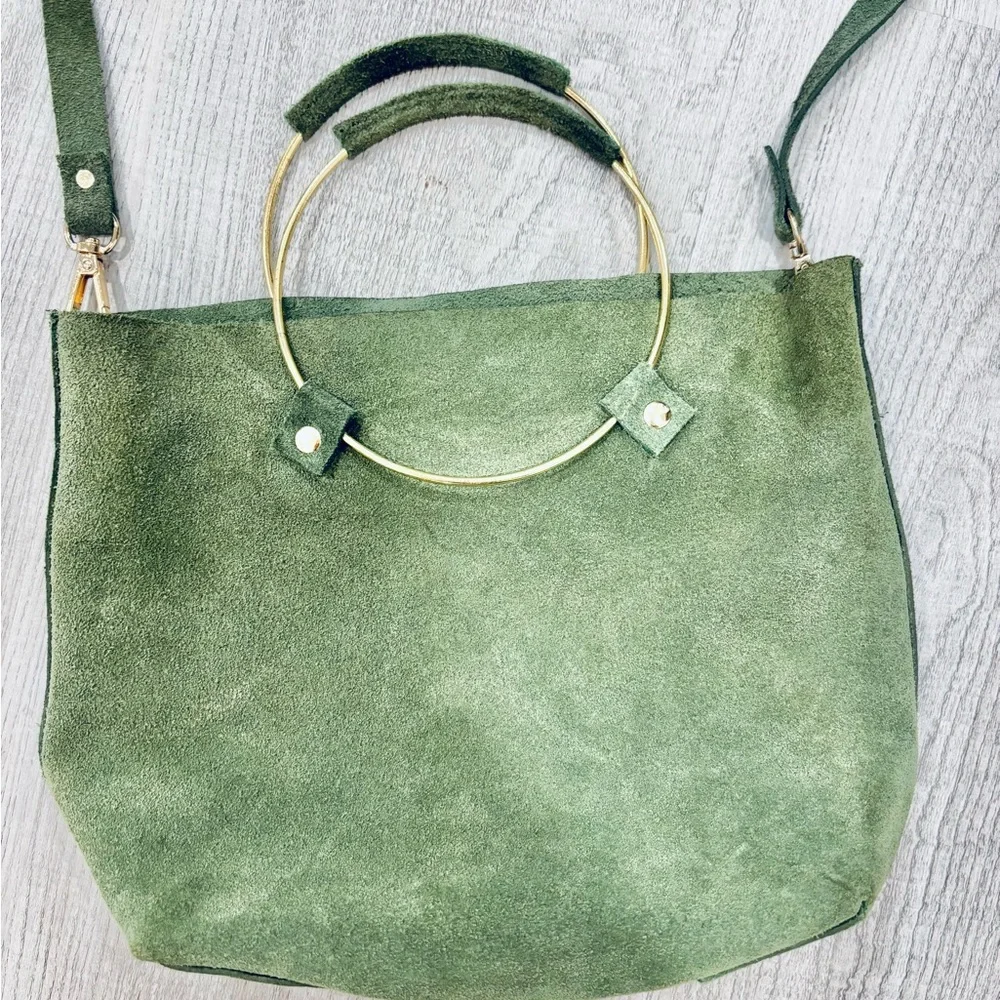 Tribe Alive Suede Olive Green Crossbody Bag with Gold Handles - Picture 5 of 8